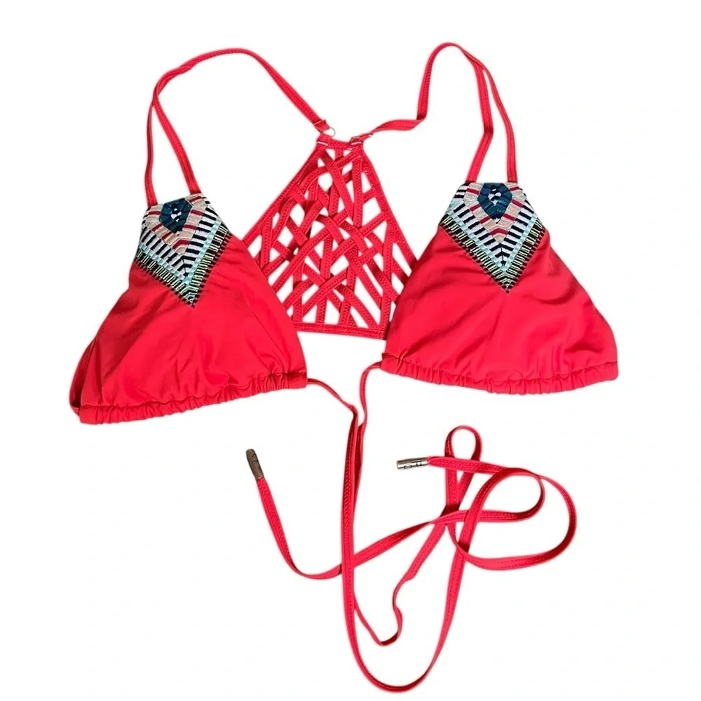 Red Carter Embroidered Bikini Top Size M (8) Strappy Removable Pads Convertible
